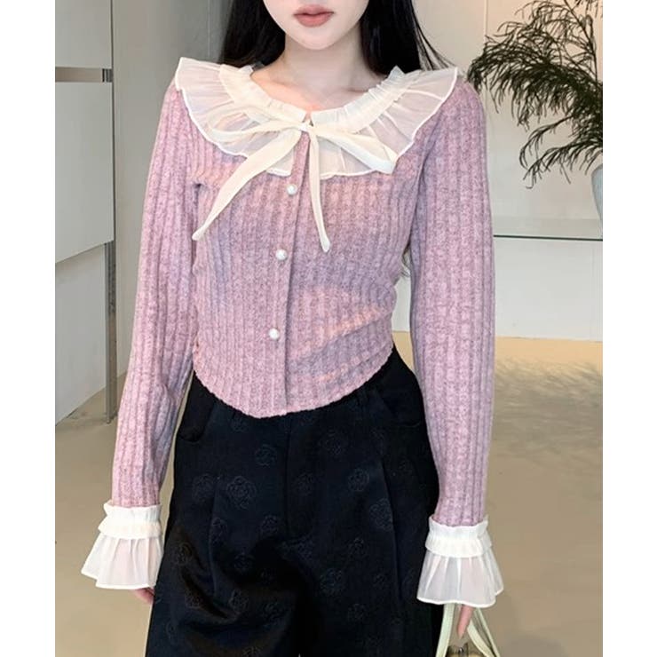 シフォンブラウスレイヤード風ニット カーディガン フリル | Riff | 詳細画像16 