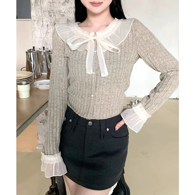 シフォンブラウスレイヤード風ニット カーディガン フリル | Riff | 詳細画像18 