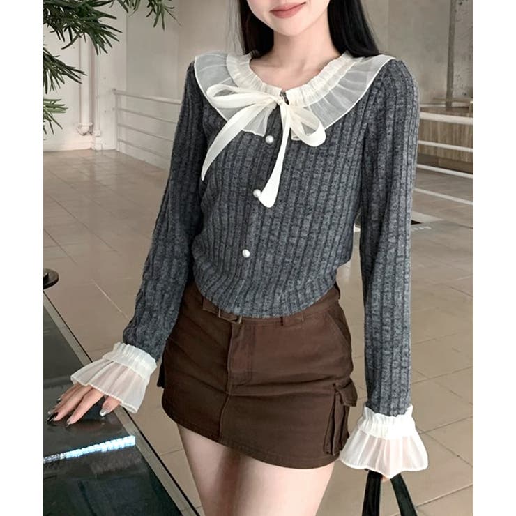 シフォンブラウスレイヤード風ニット カーディガン フリル | Riff | 詳細画像2 