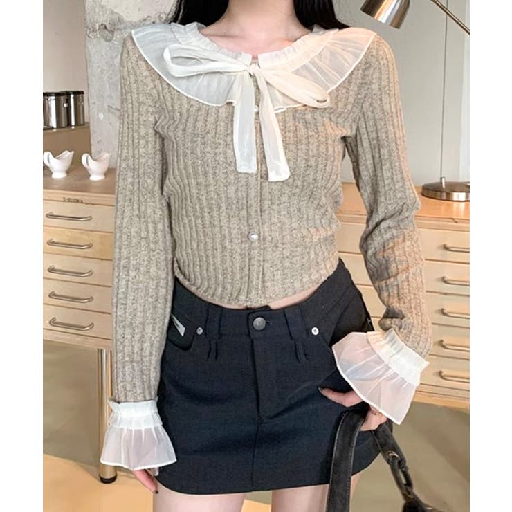 シフォンブラウスレイヤード風ニット カーディガン フリル | Riff | 詳細画像21 