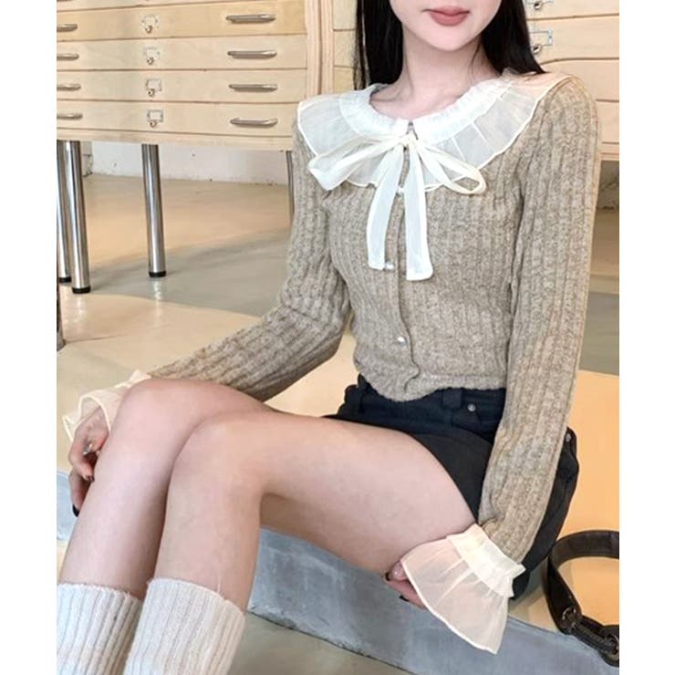 シフォンブラウスレイヤード風ニット カーディガン フリル | Riff | 詳細画像24 