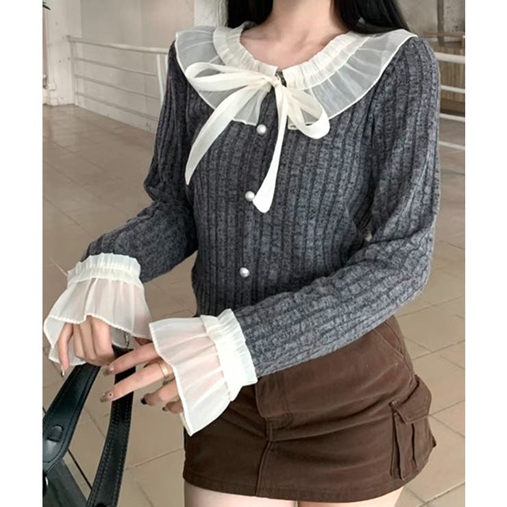 シフォンブラウスレイヤード風ニット カーディガン フリル | Riff | 詳細画像3 