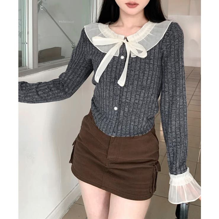 シフォンブラウスレイヤード風ニット カーディガン フリル | Riff | 詳細画像5 