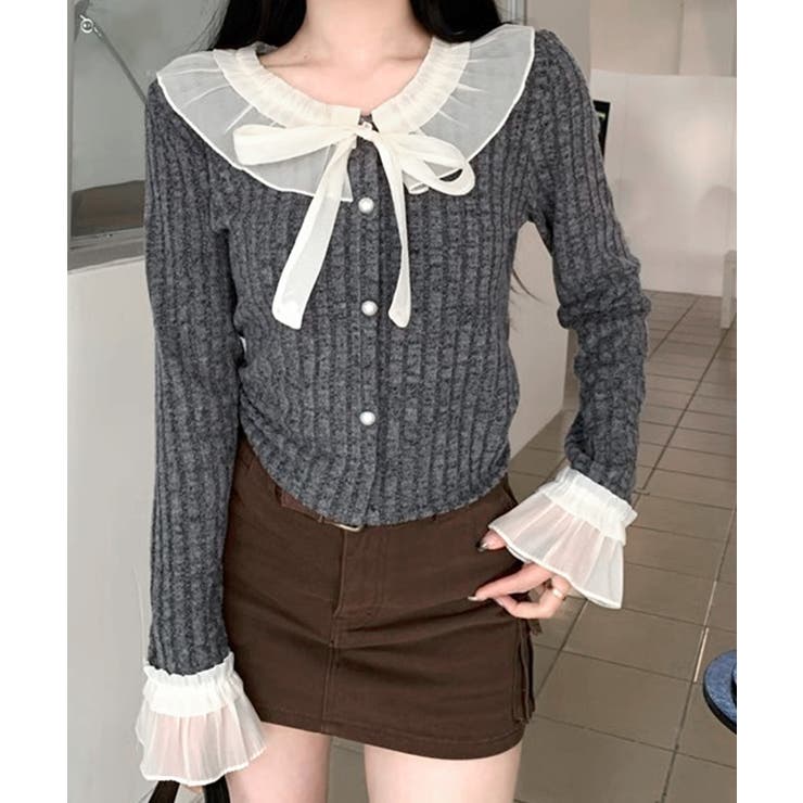 シフォンブラウスレイヤード風ニット カーディガン フリル | Riff | 詳細画像6 