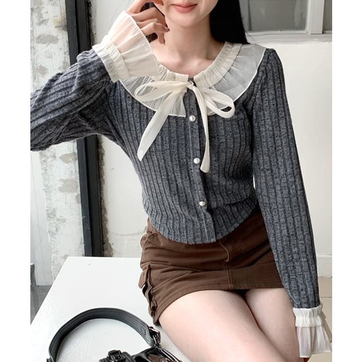 シフォンブラウスレイヤード風ニット カーディガン フリル | Riff | 詳細画像8 