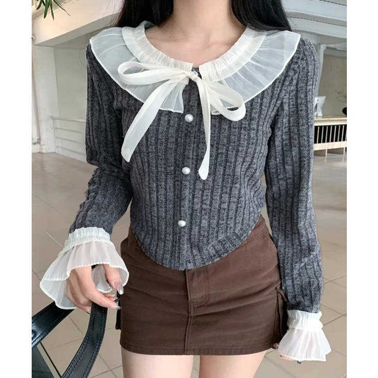 グレー | シフォンブラウスレイヤード風ニット カーディガン フリル | Riff