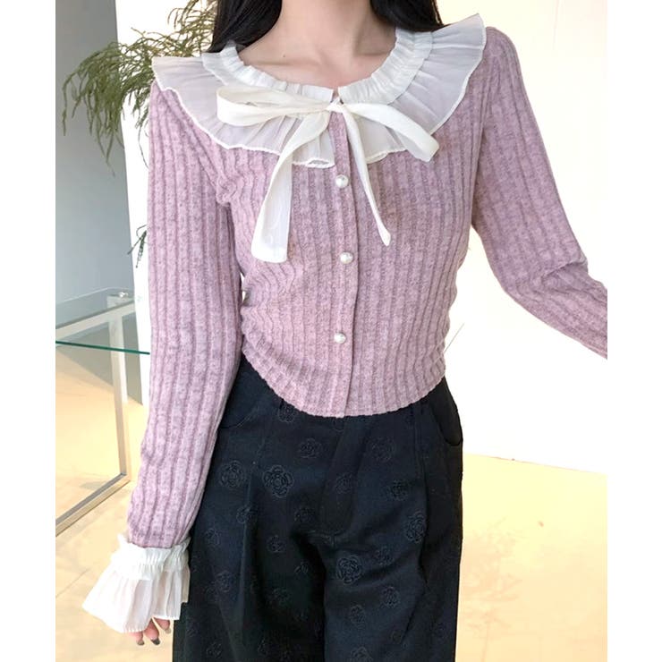 ピンク | シフォンブラウスレイヤード風ニット カーディガン フリル | Riff