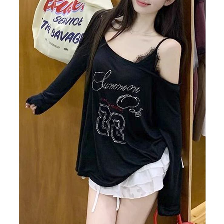 ラインストーンロゴワンショルダーロンT ドッキング レイヤード | Riff | 詳細画像20 