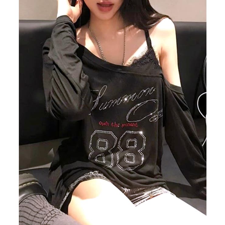 ブラック | ラインストーンロゴワンショルダーロンT ドッキング レイヤード | Riff