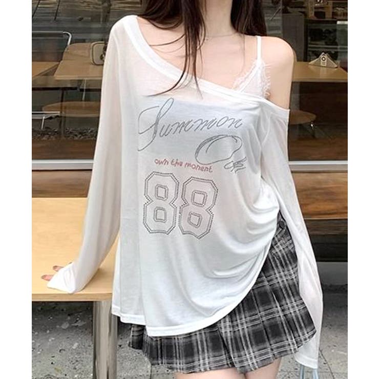 ホワイト | ラインストーンロゴワンショルダーロンT ドッキング レイヤード | Riff