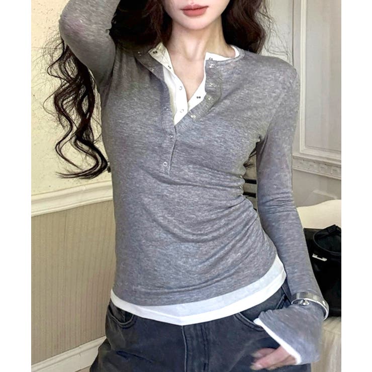 ヘンリーネックレイヤード風トップス フェイクレイヤード ドッキング | Riff | 詳細画像2 