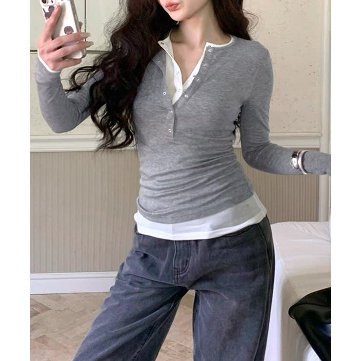 ヘンリーネックレイヤード風トップス フェイクレイヤード ドッキング | Riff | 詳細画像4 