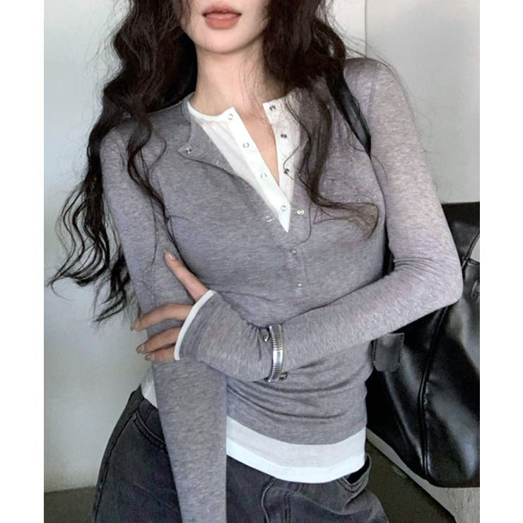 グレー | ヘンリーネックレイヤード風トップス フェイクレイヤード ドッキング | Riff