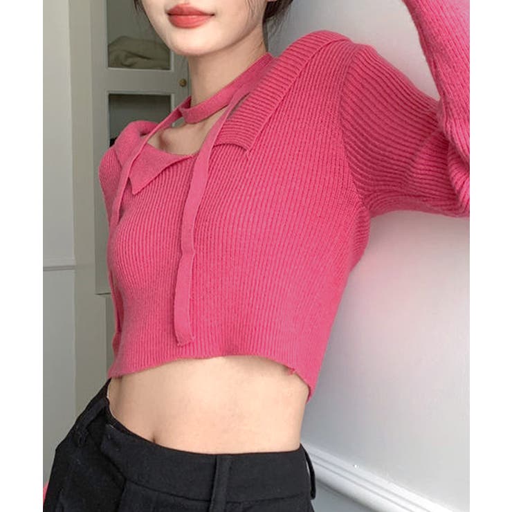 [2点セット] チョーカーリボン付きショート丈リブニット クロップド丈 | Riff | 詳細画像10 