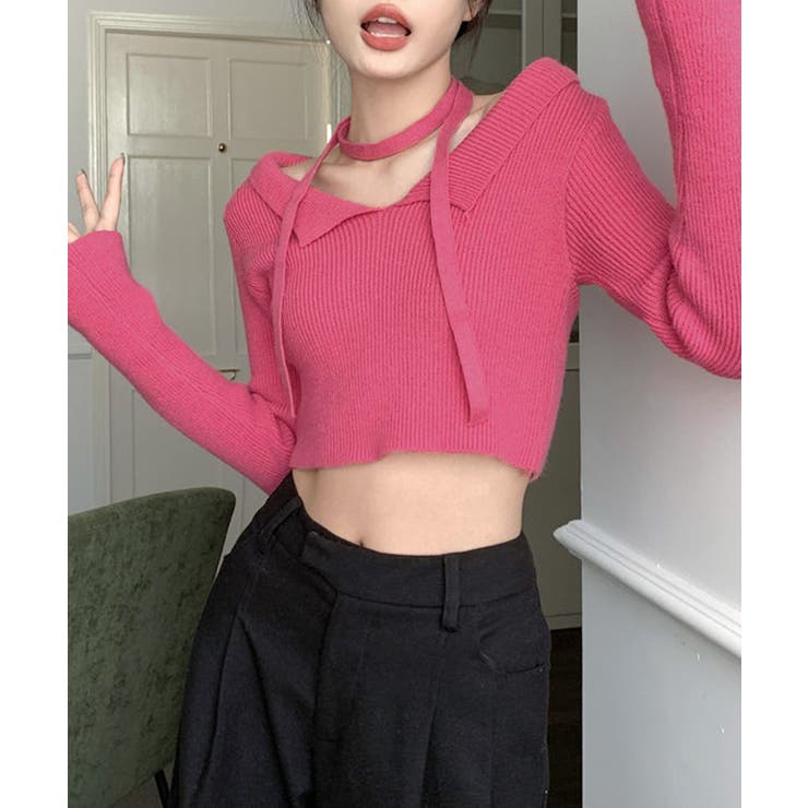 [2点セット] チョーカーリボン付きショート丈リブニット クロップド丈 | Riff | 詳細画像11 