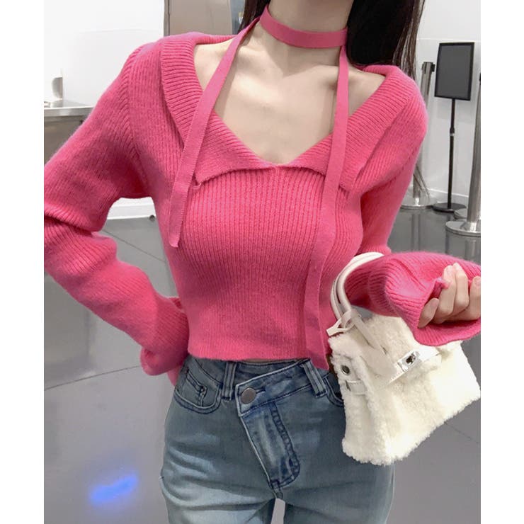 [2点セット] チョーカーリボン付きショート丈リブニット クロップド丈 | Riff | 詳細画像13 