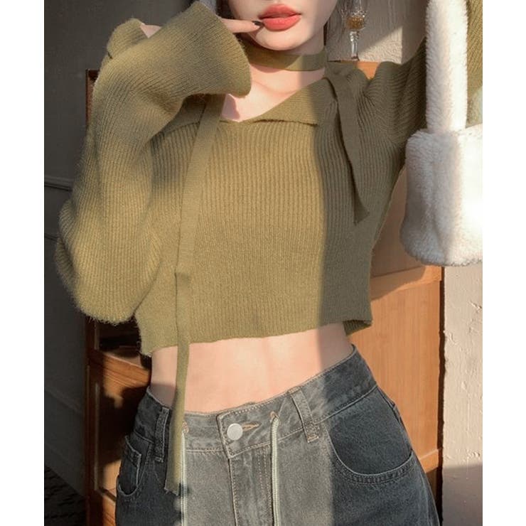 [2点セット] チョーカーリボン付きショート丈リブニット クロップド丈 | Riff | 詳細画像16 