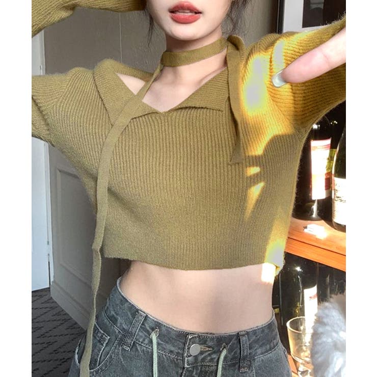 [2点セット] チョーカーリボン付きショート丈リブニット クロップド丈 | Riff | 詳細画像18 