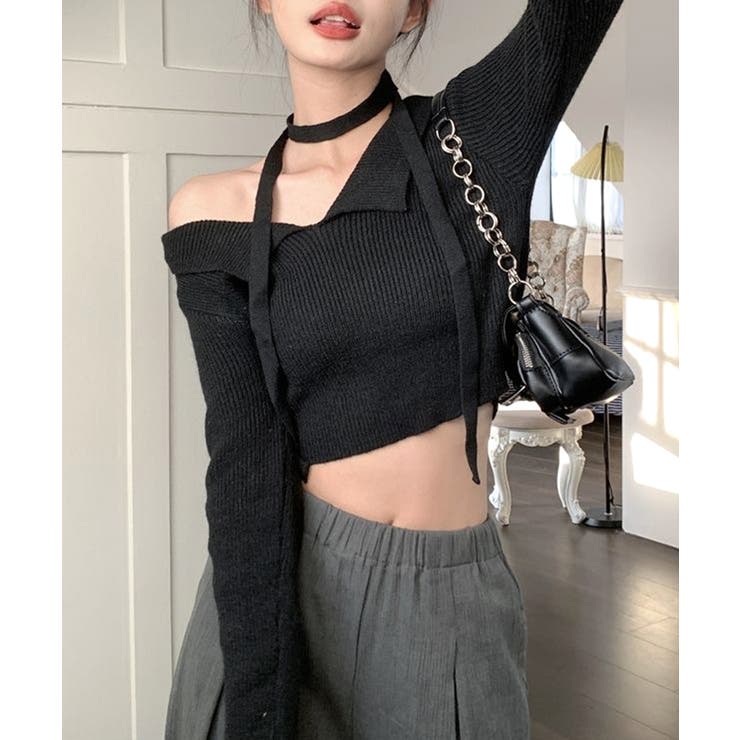 [2点セット] チョーカーリボン付きショート丈リブニット クロップド丈 | Riff | 詳細画像3 