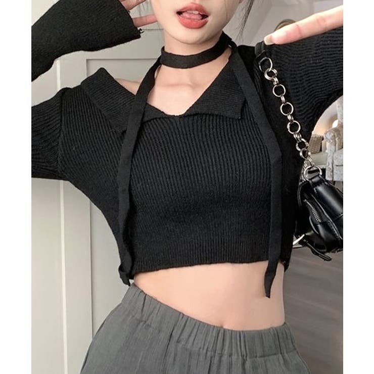 [2点セット] チョーカーリボン付きショート丈リブニット クロップド丈 | Riff | 詳細画像4 