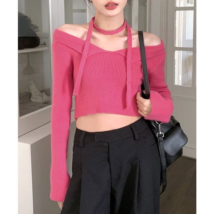 [2点セット] チョーカーリボン付きショート丈リブニット クロップド丈 | Riff | 詳細画像8 