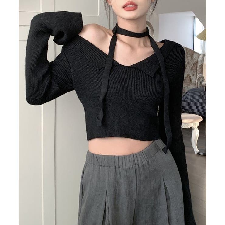 ブラック | [2点セット] チョーカーリボン付きショート丈リブニット クロップド丈 | Riff
