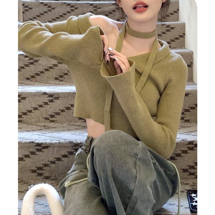 カーキ | [2点セット] チョーカーリボン付きショート丈リブニット クロップド丈 | Riff