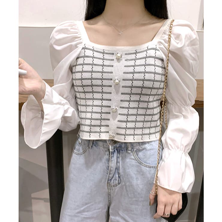 チェック柄クロップドトップス パフスリーブ キャンディスリーブ | Riff | 詳細画像12 