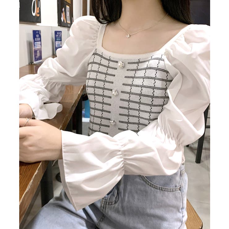 チェック柄クロップドトップス パフスリーブ キャンディスリーブ | Riff | 詳細画像14 