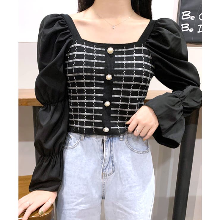 チェック柄クロップドトップス パフスリーブ キャンディスリーブ | Riff | 詳細画像25 