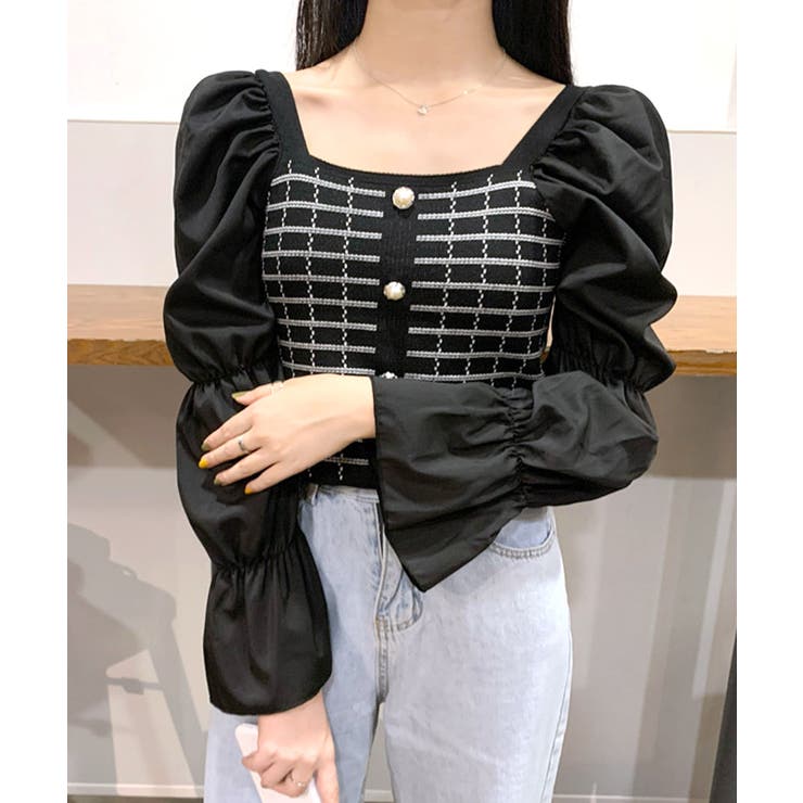 チェック柄クロップドトップス パフスリーブ キャンディスリーブ | Riff | 詳細画像27 