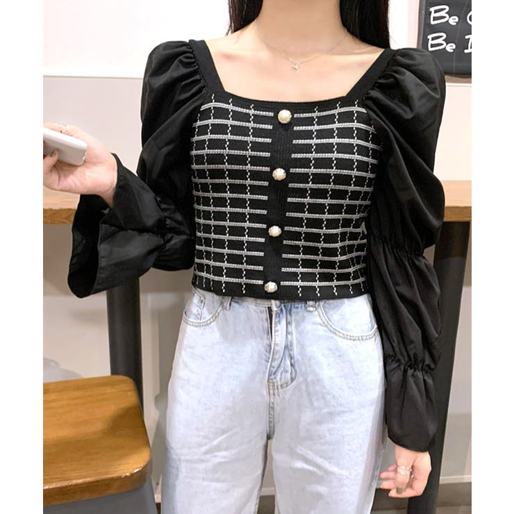 チェック柄クロップドトップス パフスリーブ キャンディスリーブ | Riff | 詳細画像28 