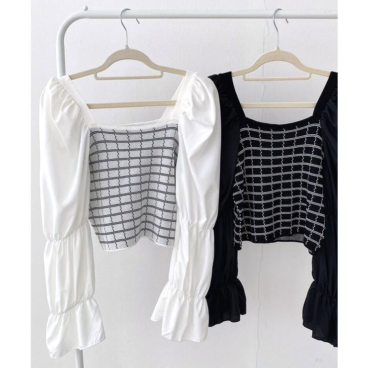 チェック柄クロップドトップス パフスリーブ キャンディスリーブ | Riff | 詳細画像3 