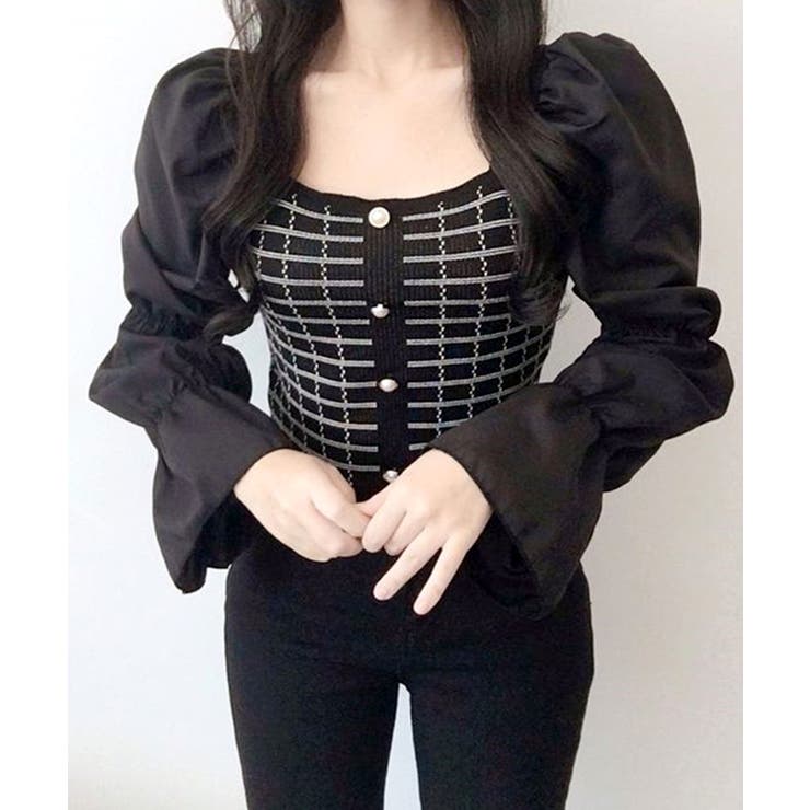 チェック柄クロップドトップス パフスリーブ キャンディスリーブ | Riff | 詳細画像31 