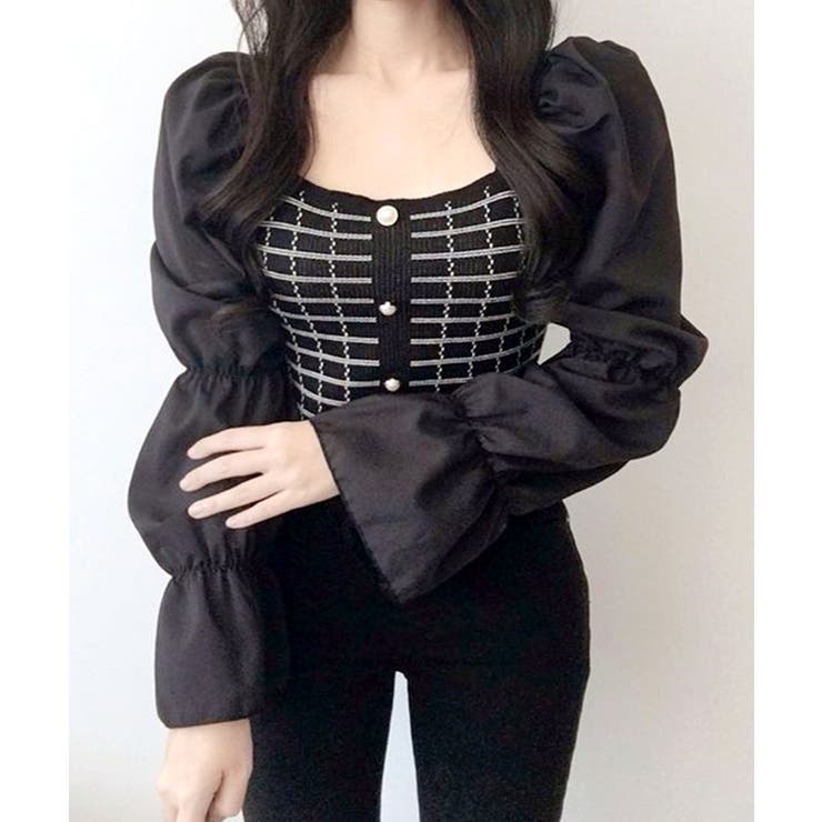 チェック柄クロップドトップス パフスリーブ キャンディスリーブ | Riff | 詳細画像32 