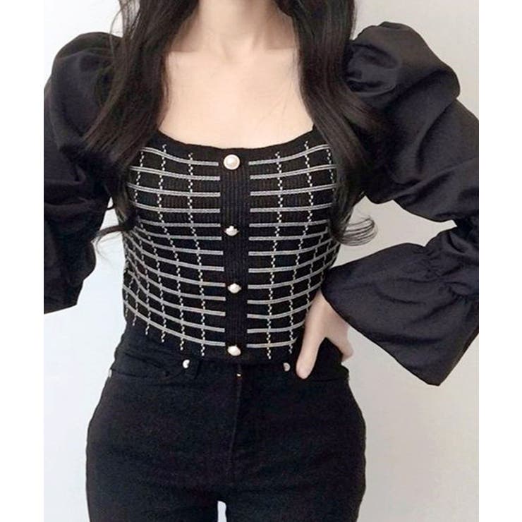 チェック柄クロップドトップス パフスリーブ キャンディスリーブ | Riff | 詳細画像33 