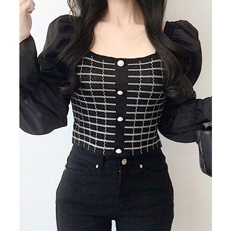 チェック柄クロップドトップス パフスリーブ キャンディスリーブ | Riff | 詳細画像37 