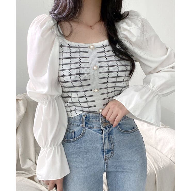 チェック柄クロップドトップス パフスリーブ キャンディスリーブ | Riff | 詳細画像4 