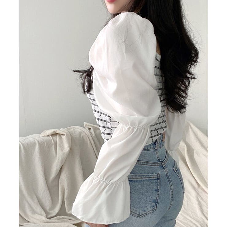 チェック柄クロップドトップス パフスリーブ キャンディスリーブ | Riff | 詳細画像8 