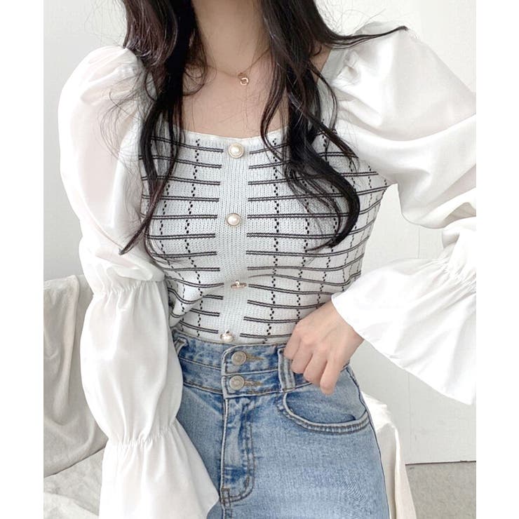 ホワイト | チェック柄クロップドトップス パフスリーブ キャンディスリーブ | Riff