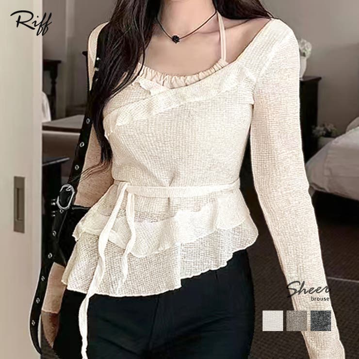 レイヤード風裾アシメフリルトップス シアーニット 重ね着風 | Riff | 詳細画像1 