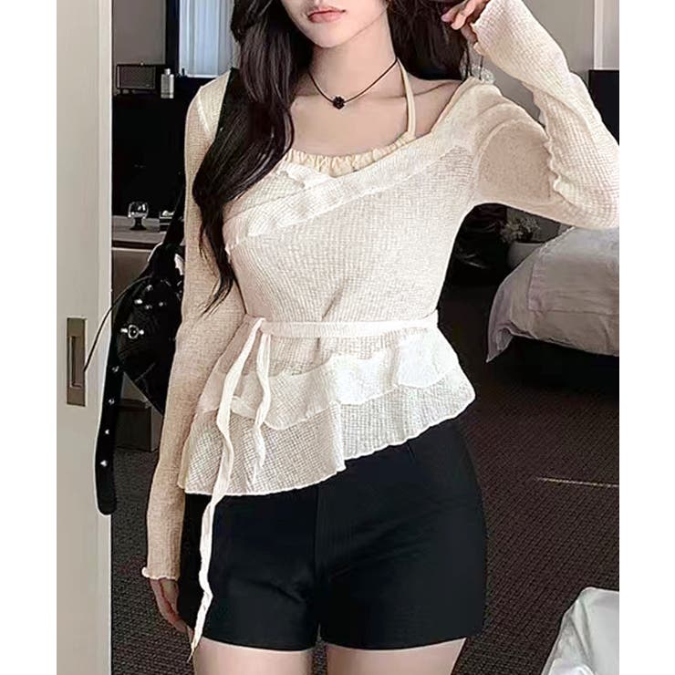 レイヤード風裾アシメフリルトップス シアーニット 重ね着風 | Riff | 詳細画像14 