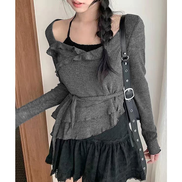 チャコールグレー | レイヤード風裾アシメフリルトップス シアーニット 重ね着風 | Riff