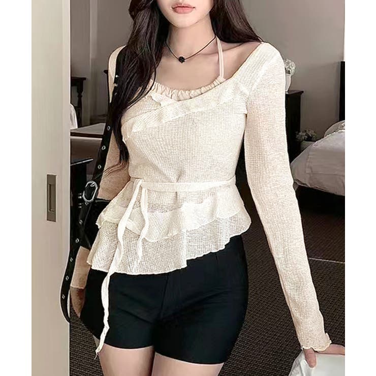 ライトベージュ | レイヤード風裾アシメフリルトップス シアーニット 重ね着風 | Riff