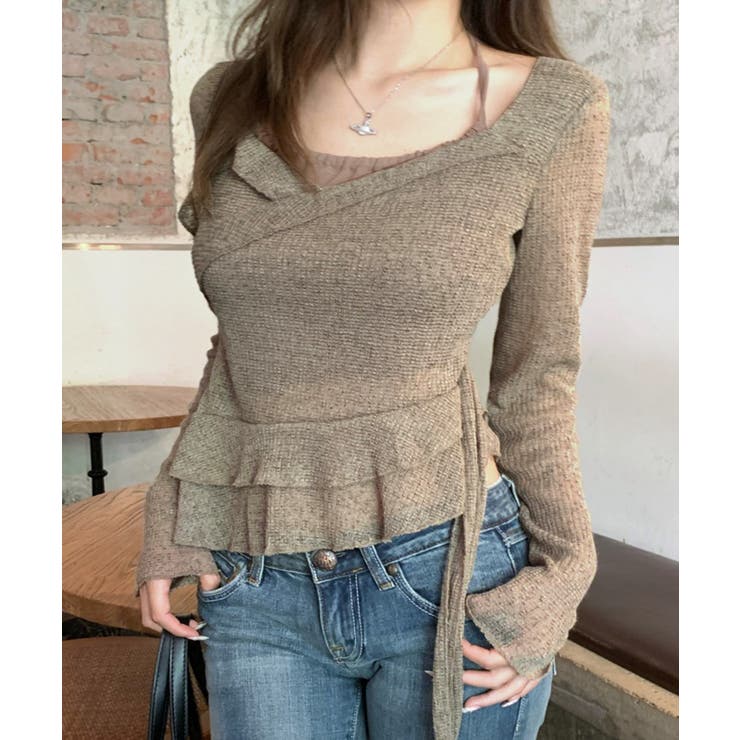 モカ | レイヤード風裾アシメフリルトップス シアーニット 重ね着風 | Riff