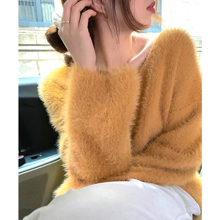 マスタード | Vネックシャギーニット セーター プルオーバー | Riff