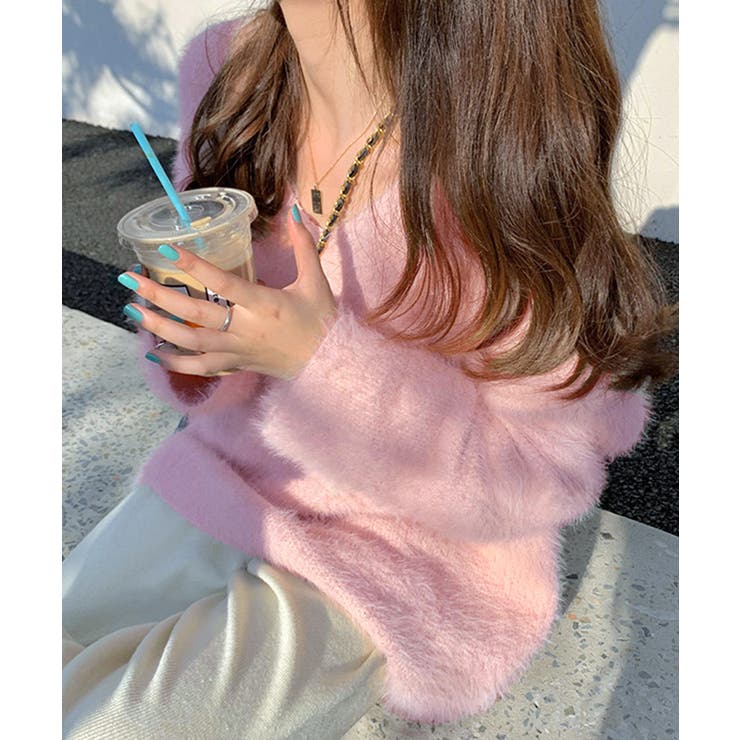 ピンク | Vネックシャギーニット セーター プルオーバー | Riff