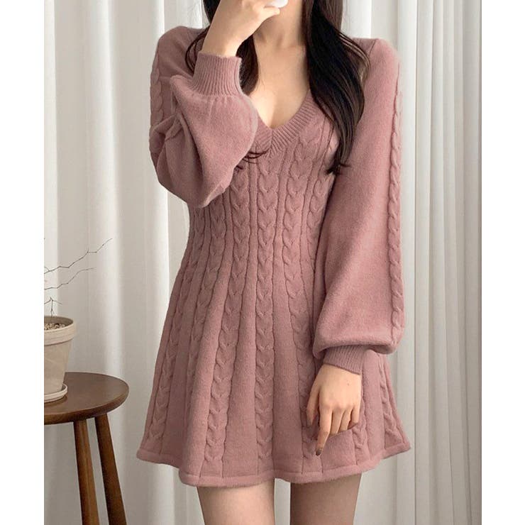 ケーブルニットミニワンピース セーター Vネック | Riff | 詳細画像10 
