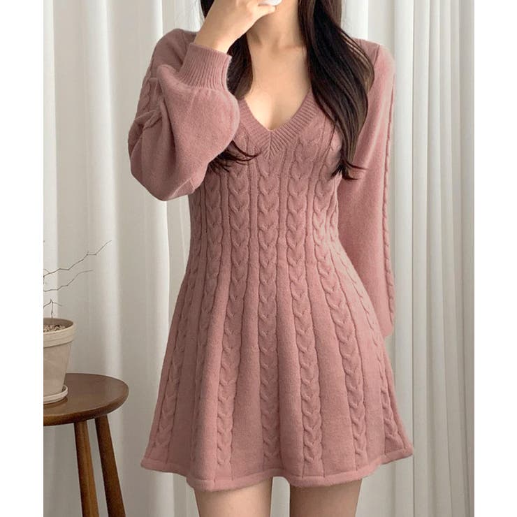 ケーブルニットミニワンピース セーター Vネック | Riff | 詳細画像11 
