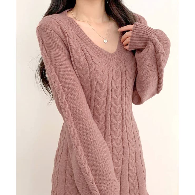 ケーブルニットミニワンピース セーター Vネック | Riff | 詳細画像16 